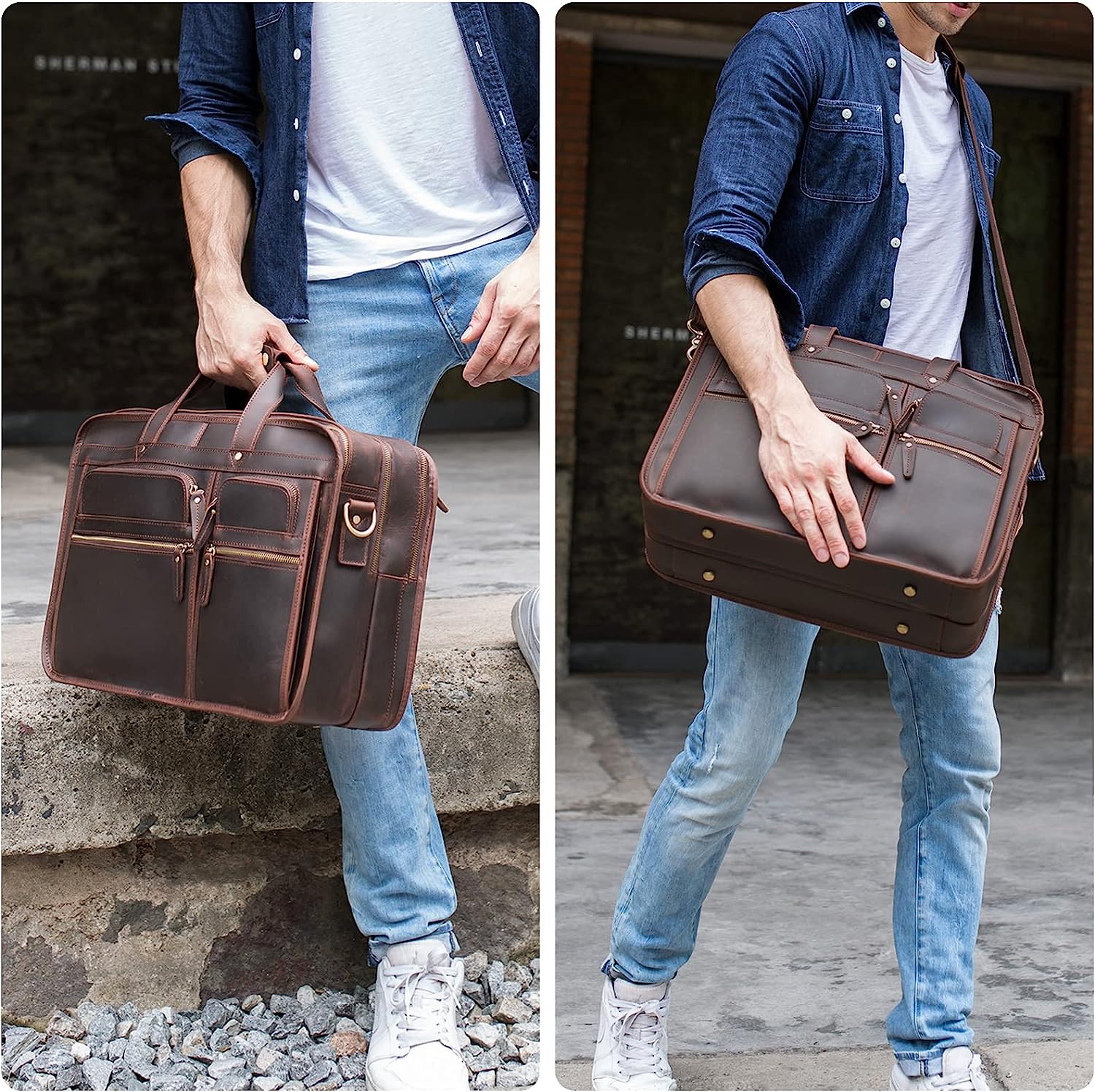 Men's Full Grain Leather Briefcase Large 17 Inch Business Travel Laptop Messenger Bag Tote with YKK Metal Zippers - Image 3